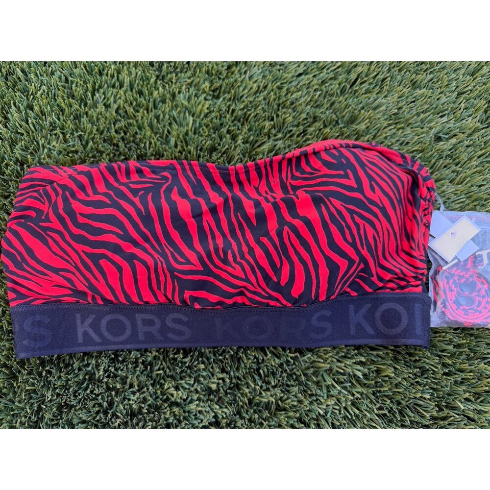 Michael Kors Swim Top Zebra Logo Zip Back Bandeau Removable Soft Cups Ruby Small